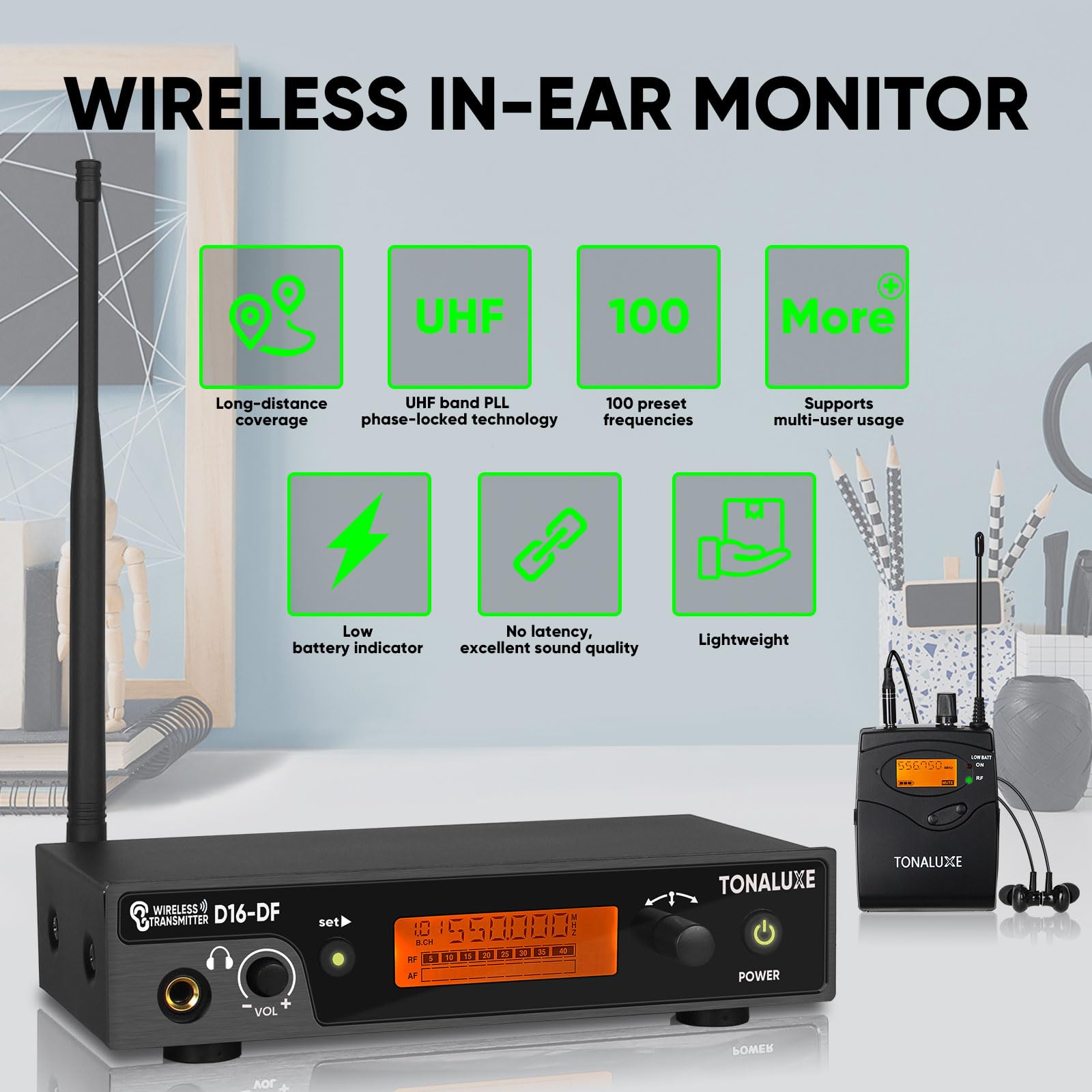 Kabelloses In-Ear-Monitorsystem, Stereo-Mono-IEM-System mit Metall-Rackmount-Sender, 4 Stück UHF-Bodypack-Empfänger mit Kopfhörern, 100 einstellbare Frequenzen, 80 m Reichweite für