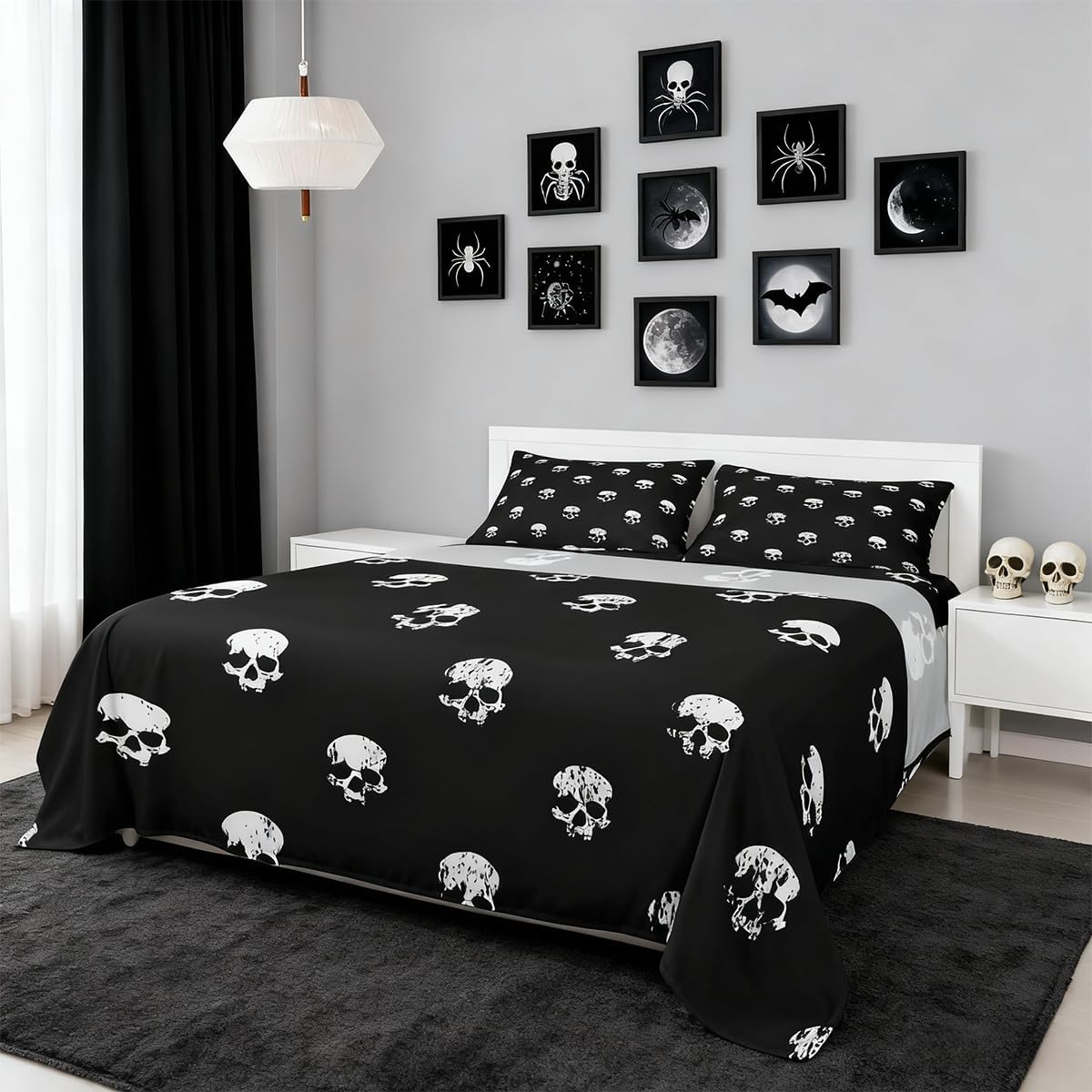 White Skull Bed Sheet Set 4 Piece,Gothic Skeleton Graffiti Sheets Full Size Bed Set,Black and White Bedding Set with Flat,Fitted Sheet,2 Pillow Cases