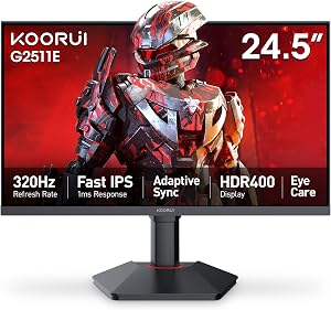 KOORUI 25" Moniteur de jeux 320Hz 1ms GTG, FHD 1080P IPS Affichage de l'ordinateur 95% DCI-P3 HDR400, Synchronisation adaptative PC Écran avec HDMI 2.0 DP 1.4, Stand réglable en hauteur VESA 75x75mm