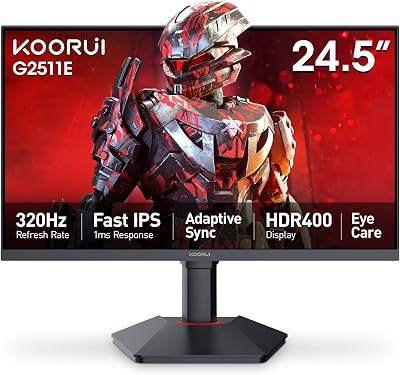 KOORUI G2511E 24.5 Inch Gaming Monitor, 320Hz 1ms Fast IPS PC Monitor, FHD 1080P, HDR 400, 95% DCI-P3 Color Gamut, Adaptive Sync Compatible, Ergonomic Stand, HDMI 2.0 & DP 1.4, Black