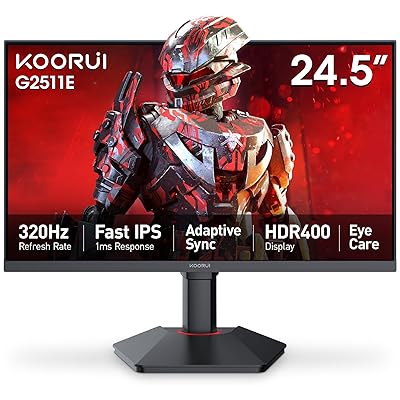 KOORUI 25 Inch Gaming Monitor, 1ms, 320Hz Monitor, HDR400, 95% DCI-P3, IPS Display, Adaptive Sync Compatible, Tilt Vertical Height Adjustable, VESA Mount 75x75mm, HDMI & DisplayPor,G2511E