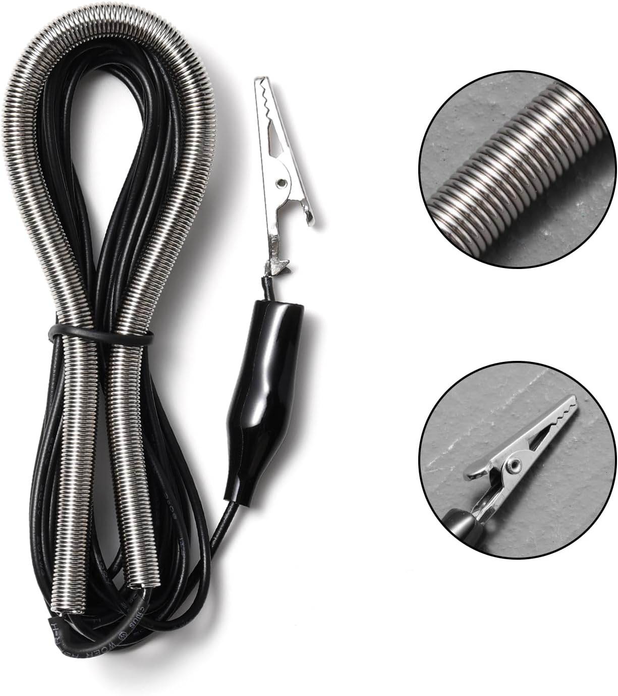 Close-up of Raddy SW001 antenna showing crocodile clip and coiled wire detail