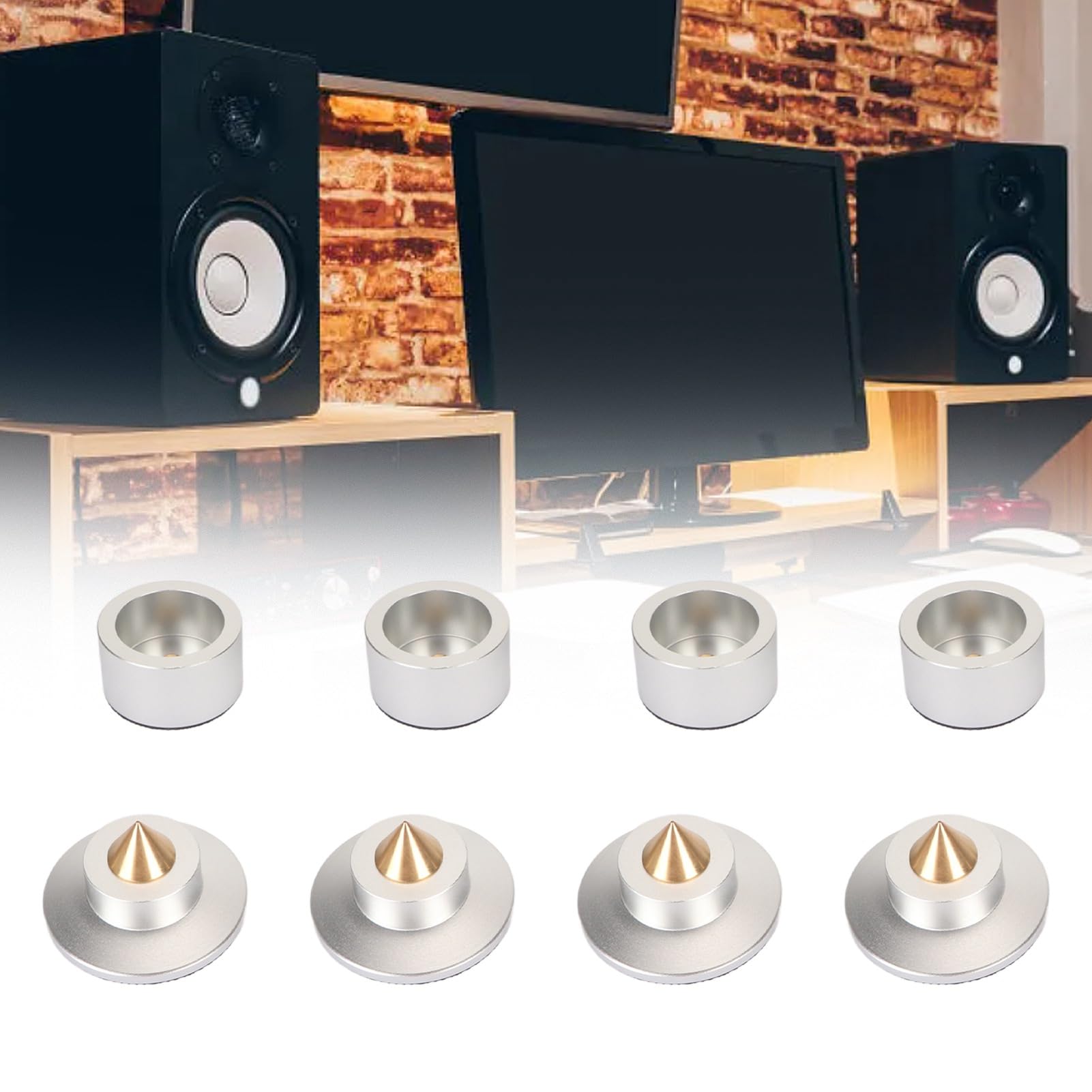 Piedini di isolamento per altoparlanti, ammortizzatore professionale e vibrazioni per qualità del suono HiFi, amplificatore, giradischi, lettore CD, lega di alluminio/rame, 4 pezzi (argento