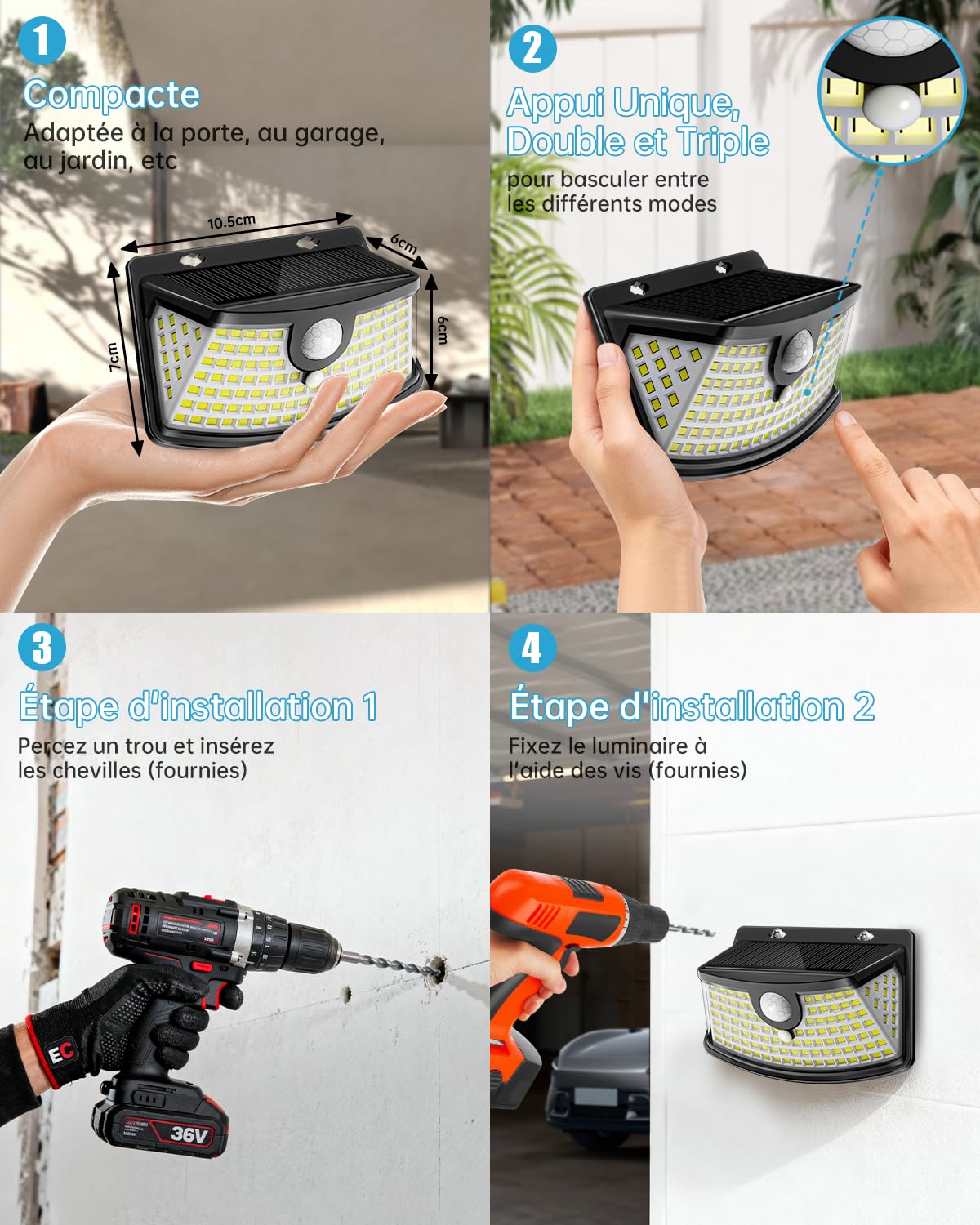 Aootek Lampe Solaire Extérieur 4-Pack - 120 LEDs IP65 étanche, Détecteur de Mouvement 8m, Wide Angle, Batterie Lithium, lumière solaire extérieur, Coque Noire, Lumière Froide