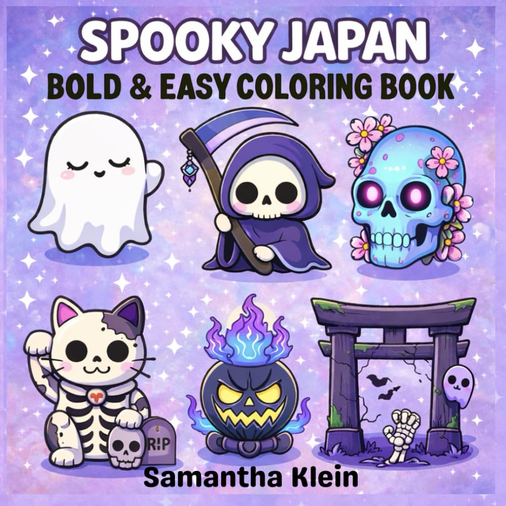 Spooky Japan Bold & Easy Coloring Book for Teens and Adults: Cute & Creepy Japanese Food, Ghosts and Characters
