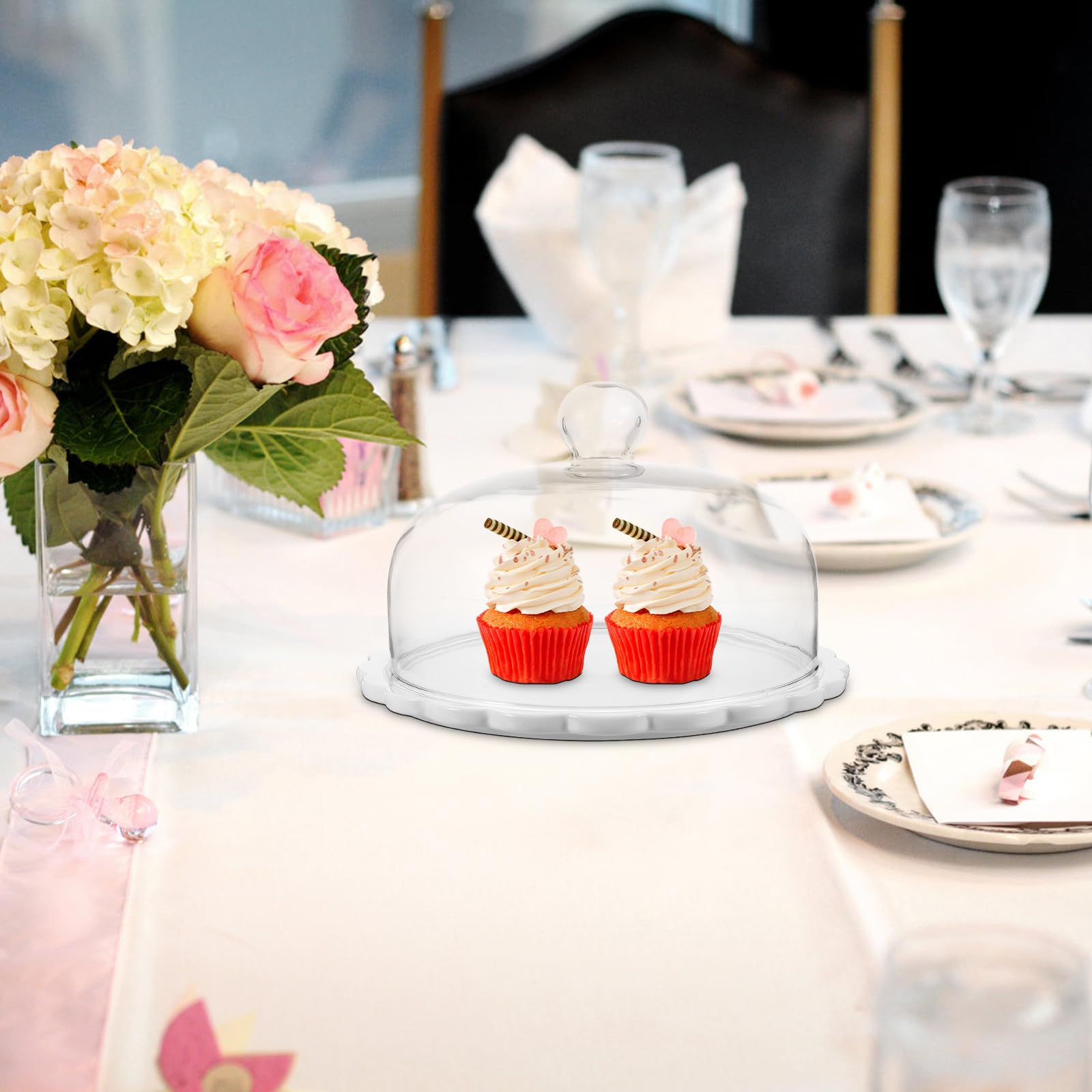 Adorainbow Support à Gâteaux en Céramique avec Dôme en Verre Transparent, Plateau Rond Délicat pour Présentation Alimentaire Lors D'événements et Mariages