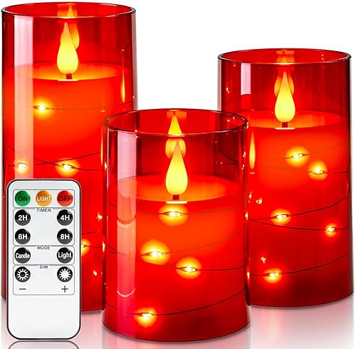 Amagic Juego de 3 velas rojas sin llama, velas parpadeantes que funcionan con pilas, guirnalda de luces incrustadas, vela realista con control