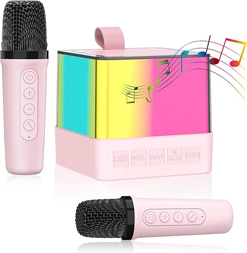 Máquina de karaoke rosa, 2 micrófonos de karaoke para niños y adultos, máquina de karaoke portátil con Bluetooth, altavoz de karaoke con luces LED,
