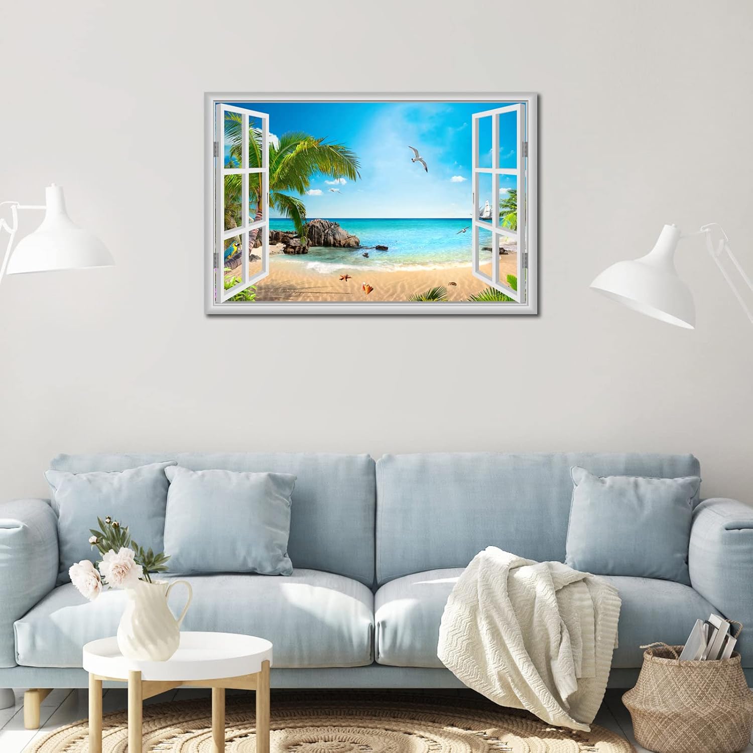 Large Beach Pictures Wall Art Canvas Print Artwork Blue Ocean Palm Tree Seascape Decor Living Room Bedroom Office with Framed 24 x36