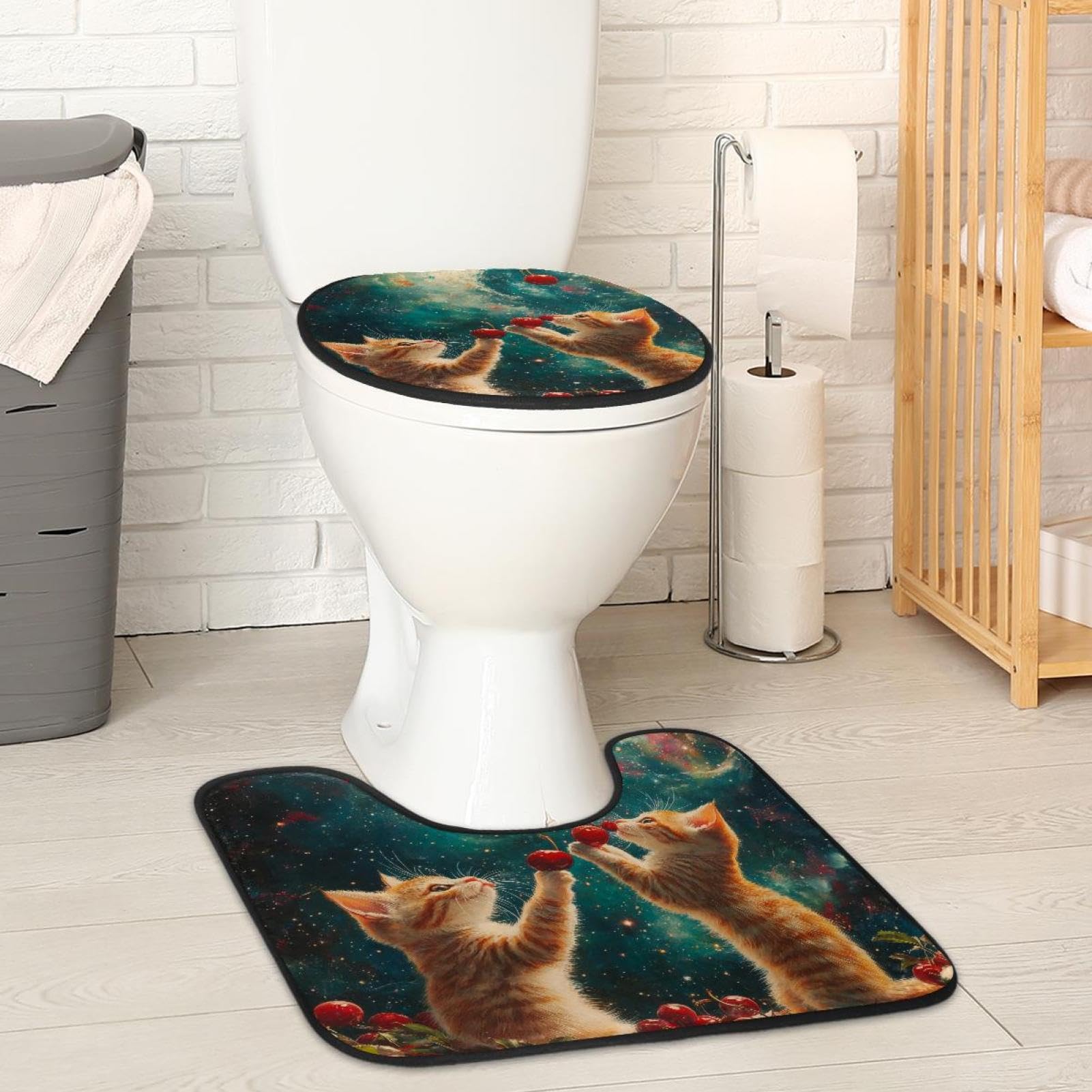 MUOOUM Toilet Lid Cover and U-Shaped Toilet Floor Mat Set of 2 Pieces, Galaxy Kittens Cherries Toilet Mat Set, Machine Washable Seat Covers Non-Slip Absorbent Rugs