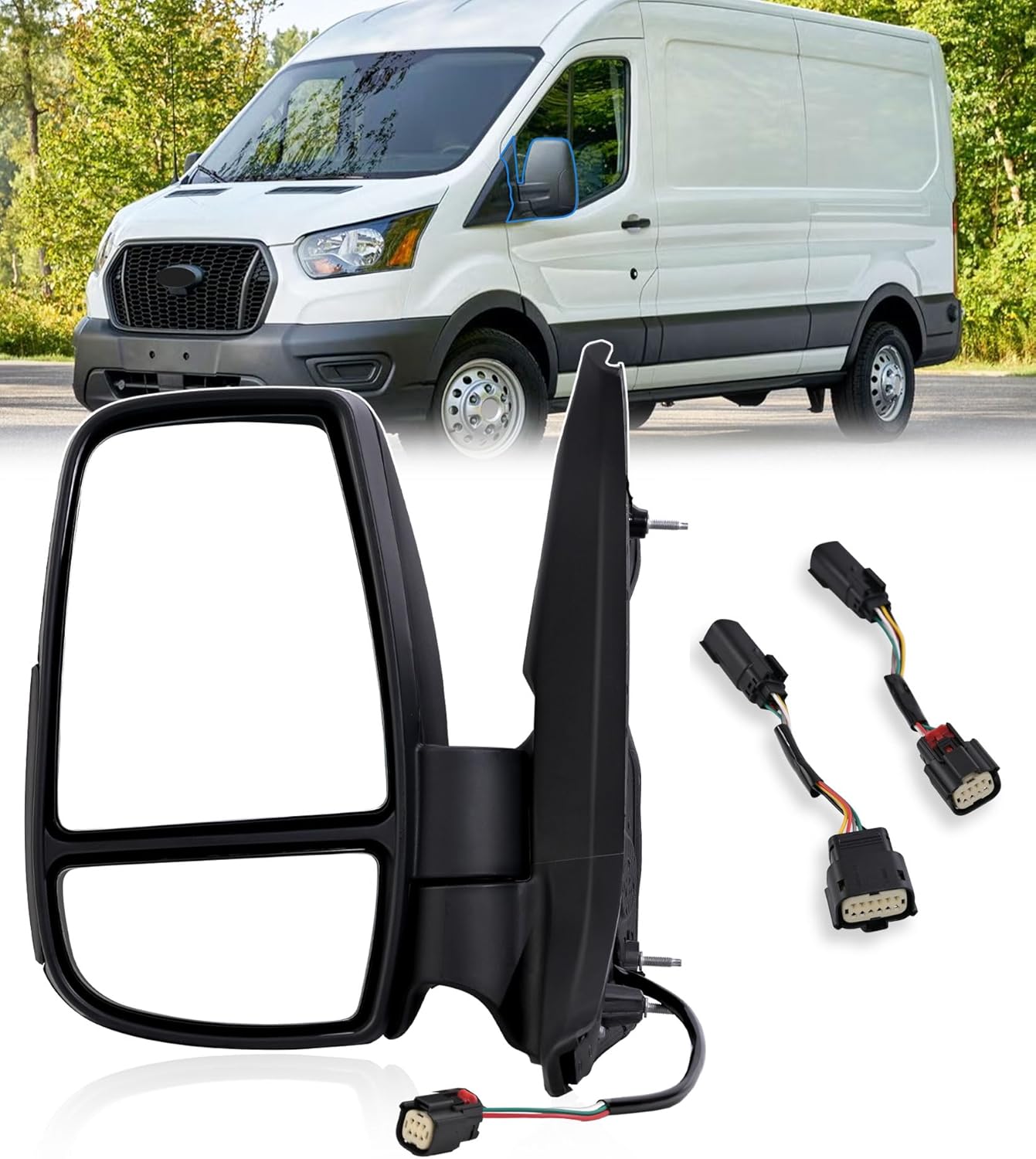 Driver Side Mirror,Mirror Assembly Compatible With 2015-2025 Ford Transit 150 250 350 350 HD,Transit Tow Power Glass,Towing Without Signal Light Non Heated,Black(Short Arm)