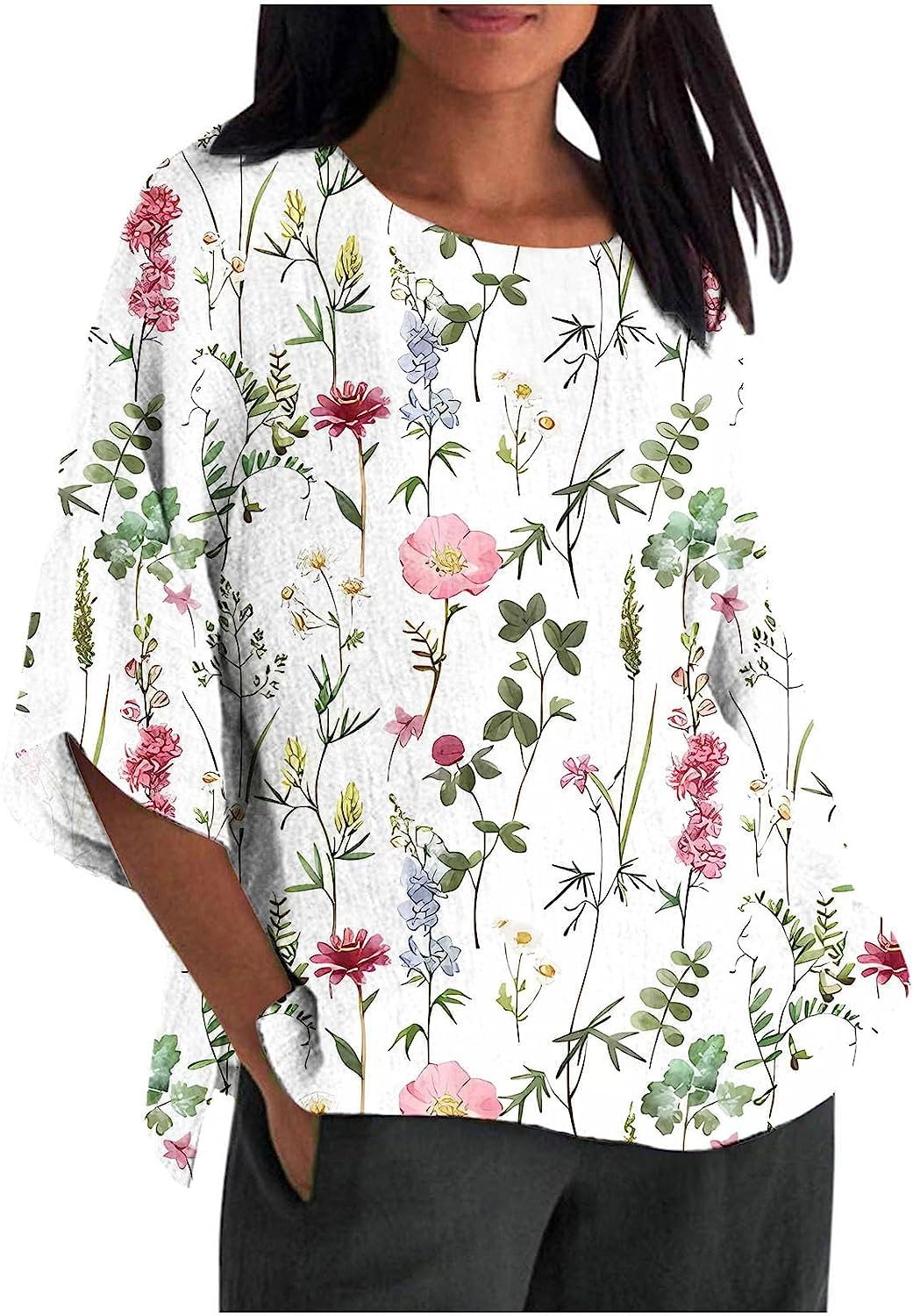 Cotton Linen Tops for Women Oversized Half Sleeve Crew Neck Blouses Summer Basic Solid Color Tunic Tops Linen Shirts