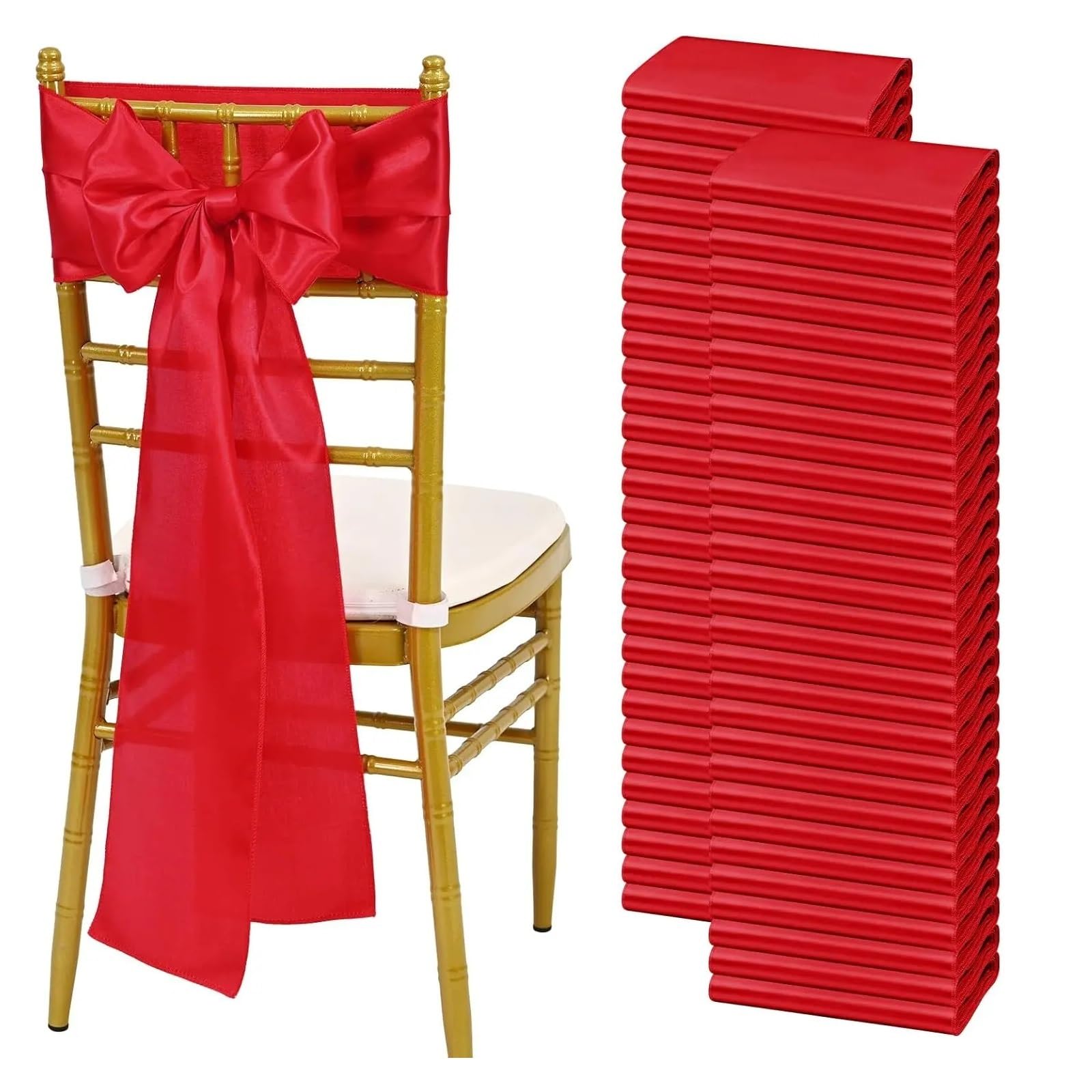 YGSGJSP Chair Sashes 10/50PCS Satin Chair Sashes Bows Universal Ribbon Ties Back Sash for Wedding Party Events Banquets Cover Decoration for Wedding(Red,50pcs)