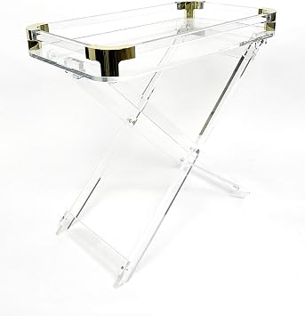 Designstyles Acrylic Folding Tray Table Modern Chic Accent Desk - Kitchen and Bar Serving Table - Elegant Clear Design with Gold Edges