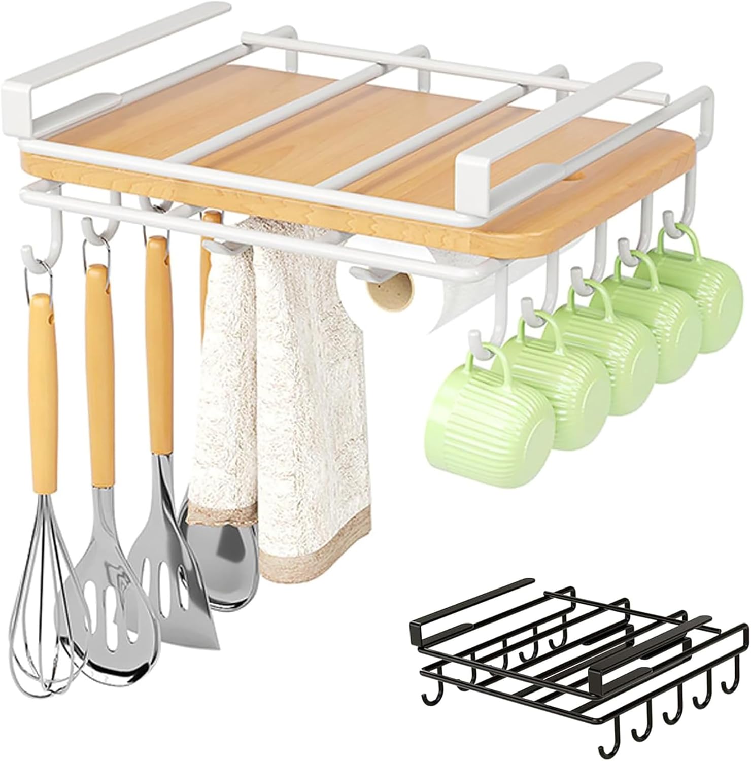 Multi-Functional Kitchen Hanging Organizer, Cutting Board Holder - Mug Holder Under Cabinet, No-Hole Clip-On Shelf Mug Hangers Under Shelf Kitchen Spoons Towels Hanger Organizer(White)