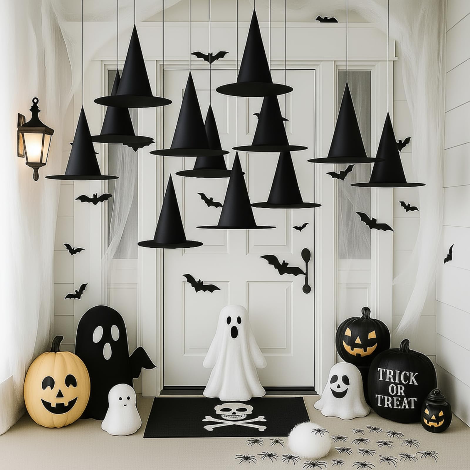 69 Pcs Halloween Witch Hats Decorations Include 12 Pcs Black Witch Hats 24 Pcs Bat Decoration 30 Pcs Fake Spiders 2 Pcs Creepy Cloth 60g Spider Web for Yard Indoor Outdoor Decoration (Trendy Style)