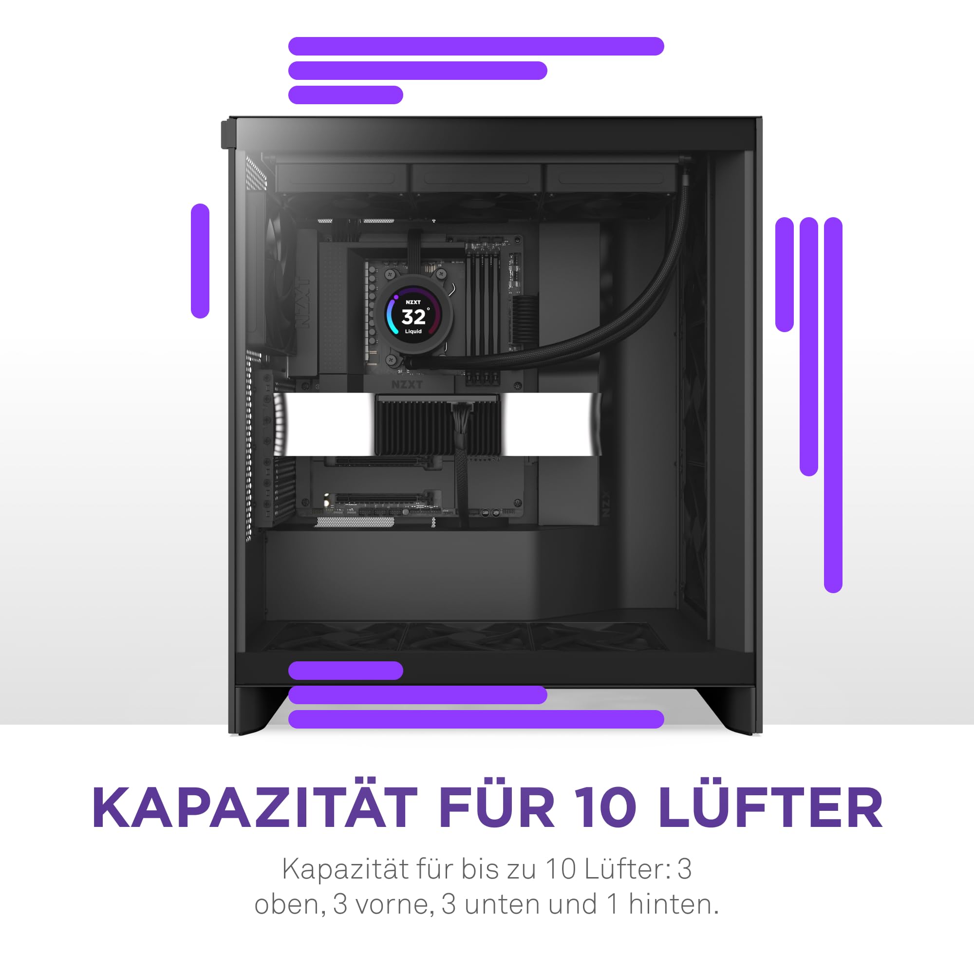 NZXT H7 Flow | Mid-Tower-ATX-Airflow-Gehäuse | Bis zu 3 x 120-mm-Lüfter im Boden zur direkten GPU-Kühlung | 3 x 120-mm-Frontlüfter | 420-mm-Kühler-Trägerplatte vorn | Schwarz