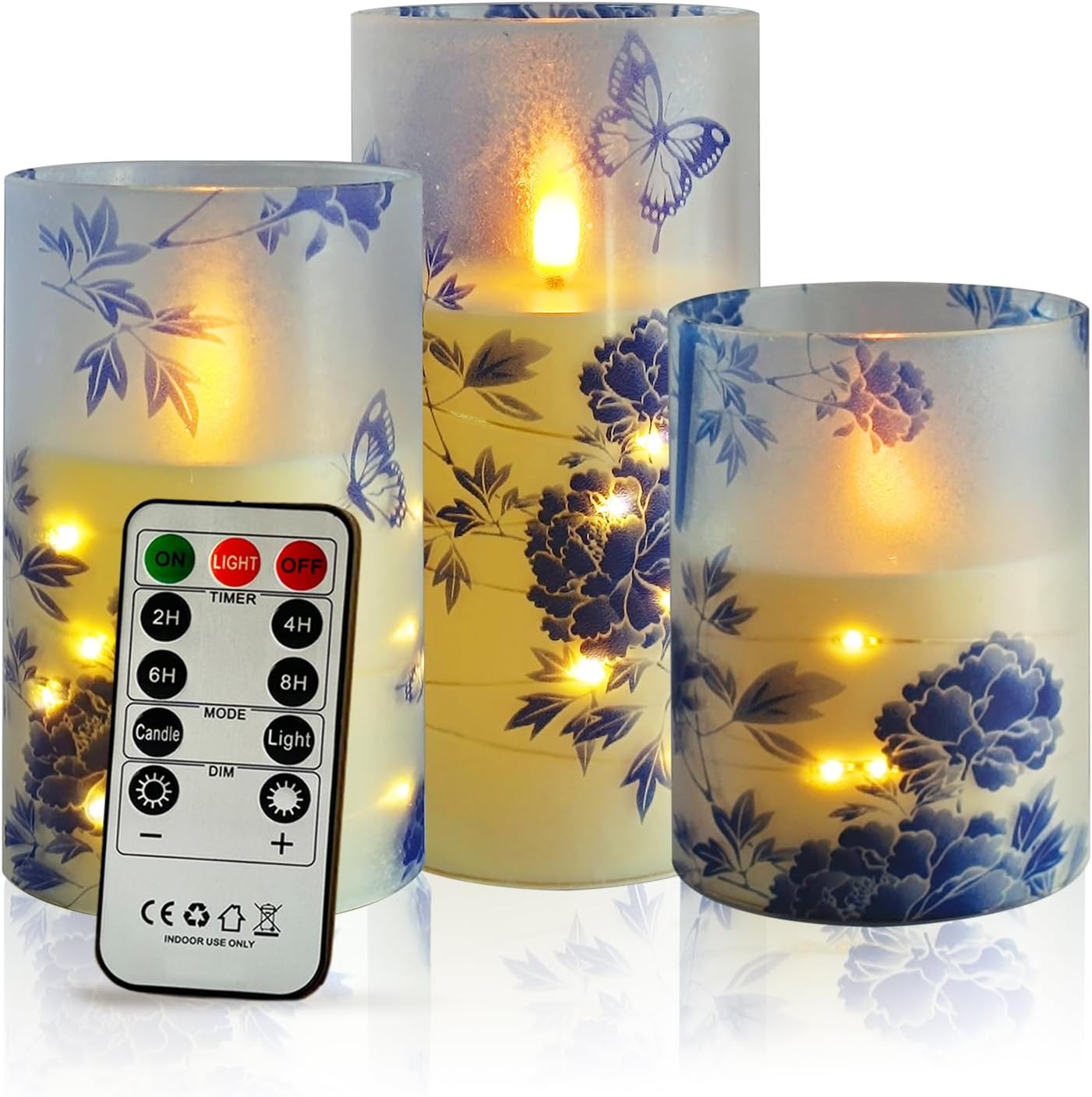 Printed Flameless Candles with String Lights,Set of 3 Leaves Battery Operated Candle,Flickering LED Pillar Candles with 6-Key Timer Remote for Home Decor Party