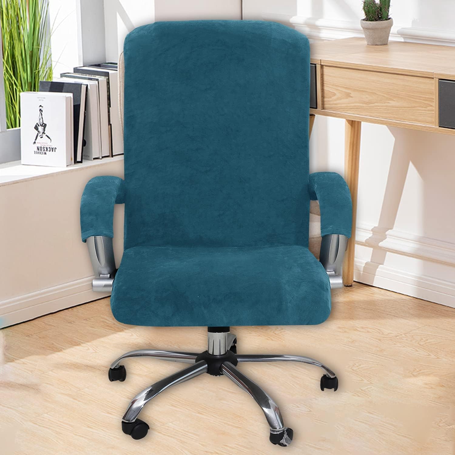 Velvet Office Chair Cover with Arm Covers Stretch Computer Desk Universal Boss Swivel Gaming Chair (Peacock Blue,Large)