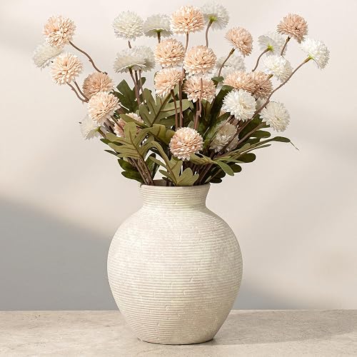 7.48 Inch Small Vintage White Ceramic Flower Vase, Rustic Farmhouse Beige Stone Texture Vase for Home Decor, Decorative Terracotta Vase for Table Centerpiece Living Room Bathroom (Off White-7.48'')