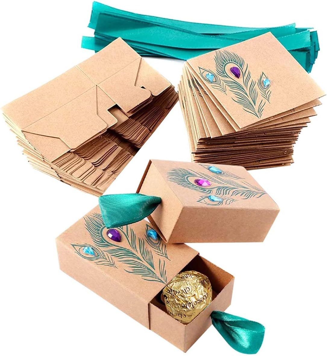 Faylapa 100pcs Suitcase Candy Boxes, Party Favor Candy Box, Vintage Kraft Paper Gift Bag for Travel Theme Party, Wedding,Birthday, Bridal Shower (Peacock Feather)