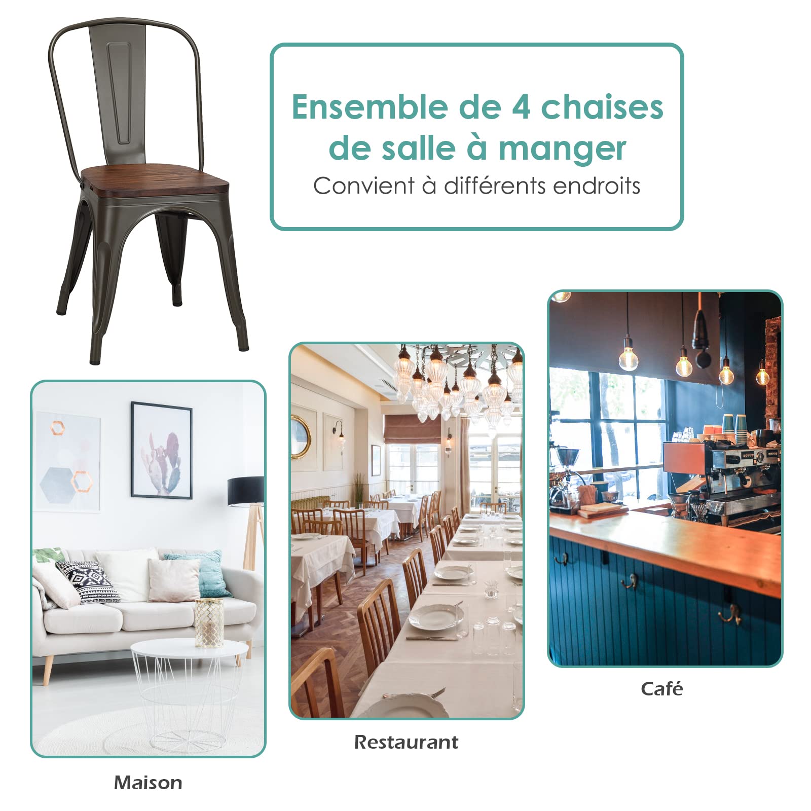 GOPLUS Lot de 4 Chaises en Métal Salle à Manger, Chaises avec Assise de Style Industriel, Vintage en Bois Massif, Tabouret Empilable avec Dossier pour Jardin Balcon (Vintage)