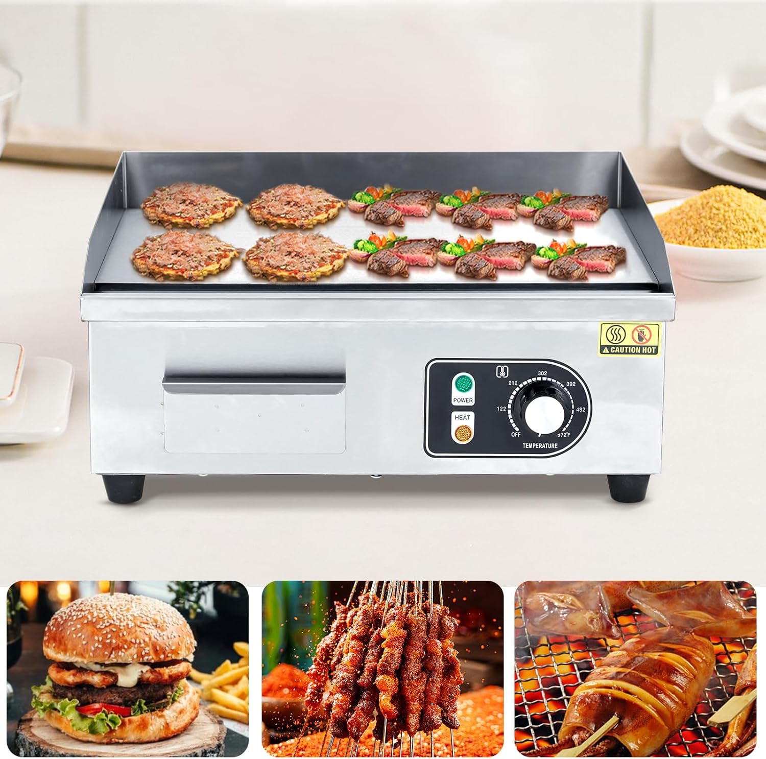 Commercial Electric Countertop Griddle, Nonstick Stainless Steel Flat Grill, 3000W/1600W Adjustable Temperature 122°f-572°f, 110V Indoor Teppanyaki Grill, Available in 18"