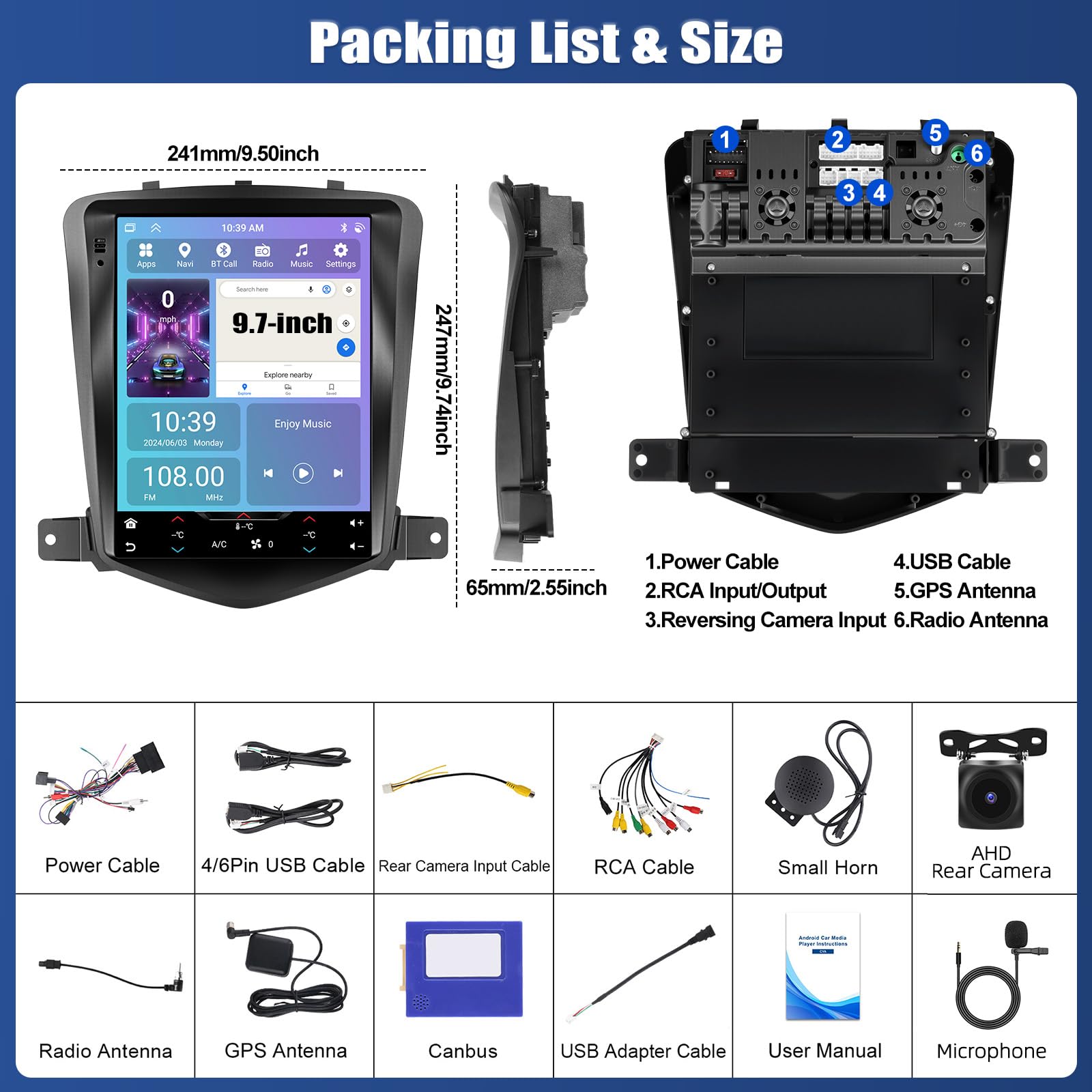 OiLiehu 6+128G/8 Cœurs Android 13 Autoradio pour Chevrolet Cruze J300 2009-2014 avec CarPlay Android Auto sans Fil, 9,7“ IPS Écran Tactile avec GPS WiFi Lien Miroir Bluetooth FM/RDS DSP EQ SWC Caméra