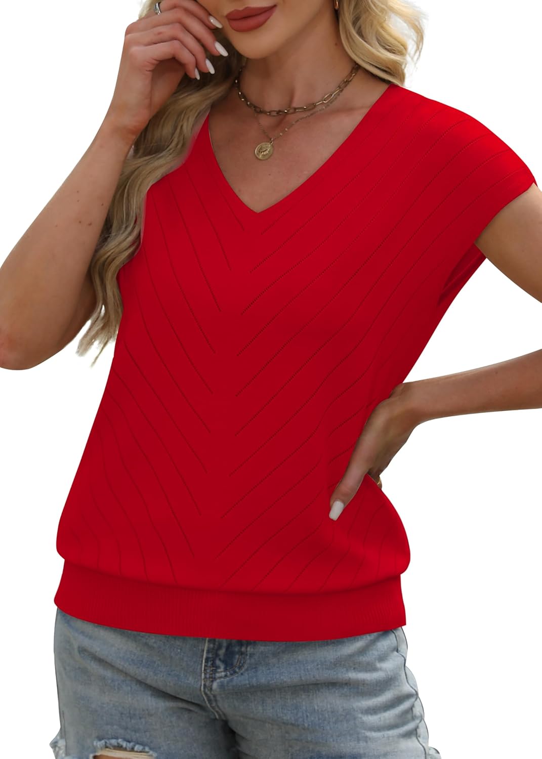 OFEEFAN Womens Sweaters Short Sleeve V Neck Summer Tops Trendy Fashion Business Casual Outfits Dressy Clothes - Image 3