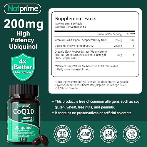 Miniatura 2 de Natprime Cápsulas blandas CoQ10 de 200 mg - Suplemento de coenzima Q10 de alta absorción de ubiquinol - Antioxidantes, vasculares, salud cardíaca,