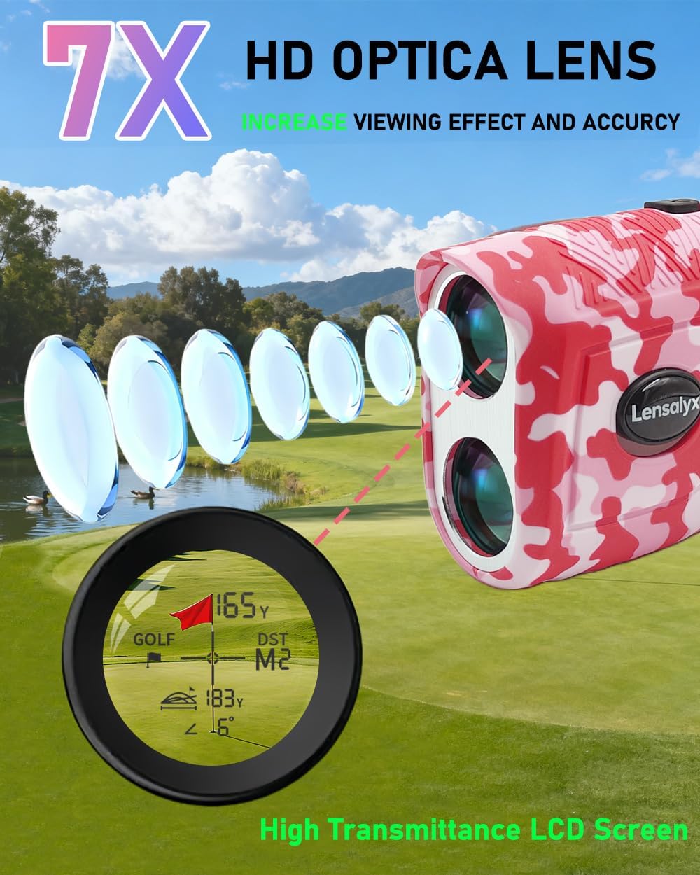 Pink Range Finder Golf - 1200 Yards Golf Rangefinder with Slope, 7X Magnification, Rechargeable, Built-in Magnetic Strip,0.1s Flag Pole Locking Vibration,Golf Accessories for Women