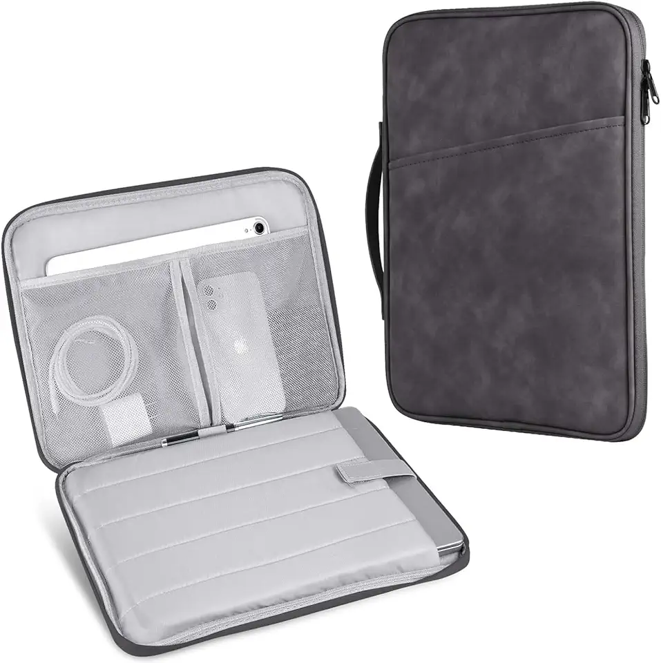 Capa Case para Tablet e Notebook até 13.3 Polegadas, Couro PU Camurça, Cinza, Resistente à Água, Anti-Impacto, Leve e Portátil