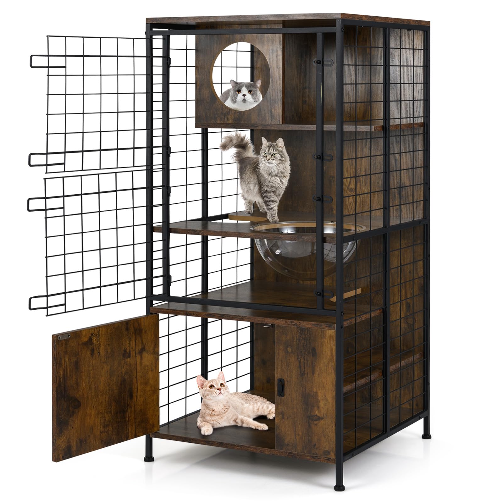 COSTWAY Grand Cage Chat à 4 Niveaux, Enclos pour Chats en Fil, 3 Plateformes, Capsule, Meuble de Rangement Bas, Portes Verrouillable, Patins Réglables, pour Lapin Écureuil, 60 x 60 x 125 cm