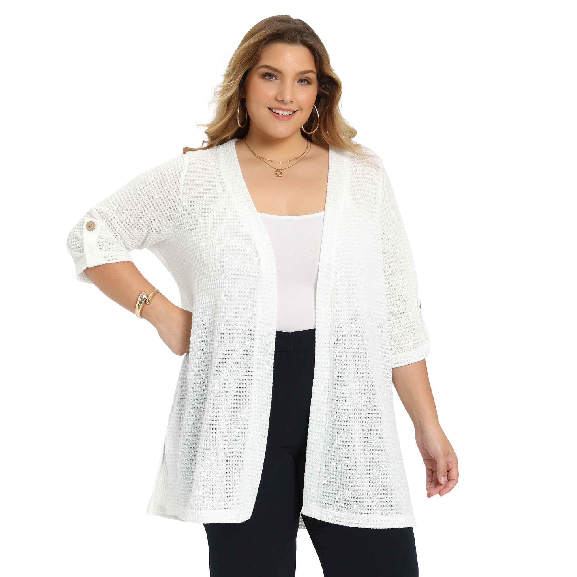 Plus Size Cardigans for Women Hollow Out 3 4 Sleeve Side Slits Long Open Front Knit Lightweight Cover