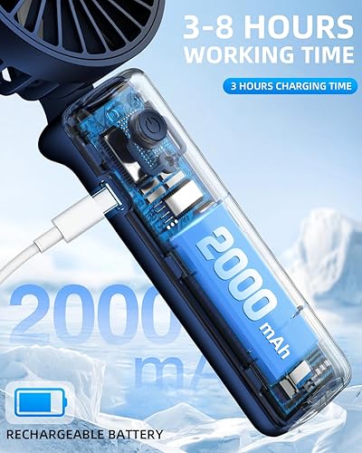 Miniatura 6 de Hssio Ventilador de mano portátil, mini ventilador de escritorio plegable de 2000 mAh, rotación de 180, 3 velocidades, ultra silencioso, hasta 8