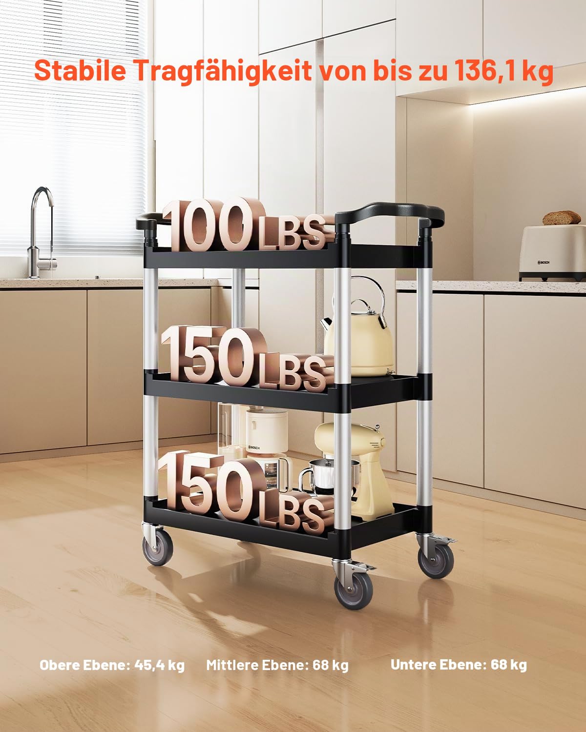 VEVOR Universalwagen, 136 kg Tragkraft, 3-stufiger Universalwagen aus Kunststoff mit 360° Schwenkrädern (2 mit Bremse), 880x410x990 mm großer Servierwagen für Lager, Büro, Zuhause, Restaurant, Küche