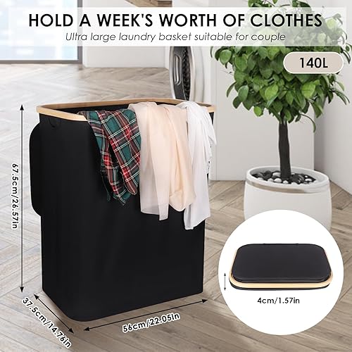 Miniatura 2 de Cesta de lavandería de 140 litros con tapa, cesta de lavandería extra grande con 3 forros extraíbles (3 compartimentos), soporta hasta una semana de
