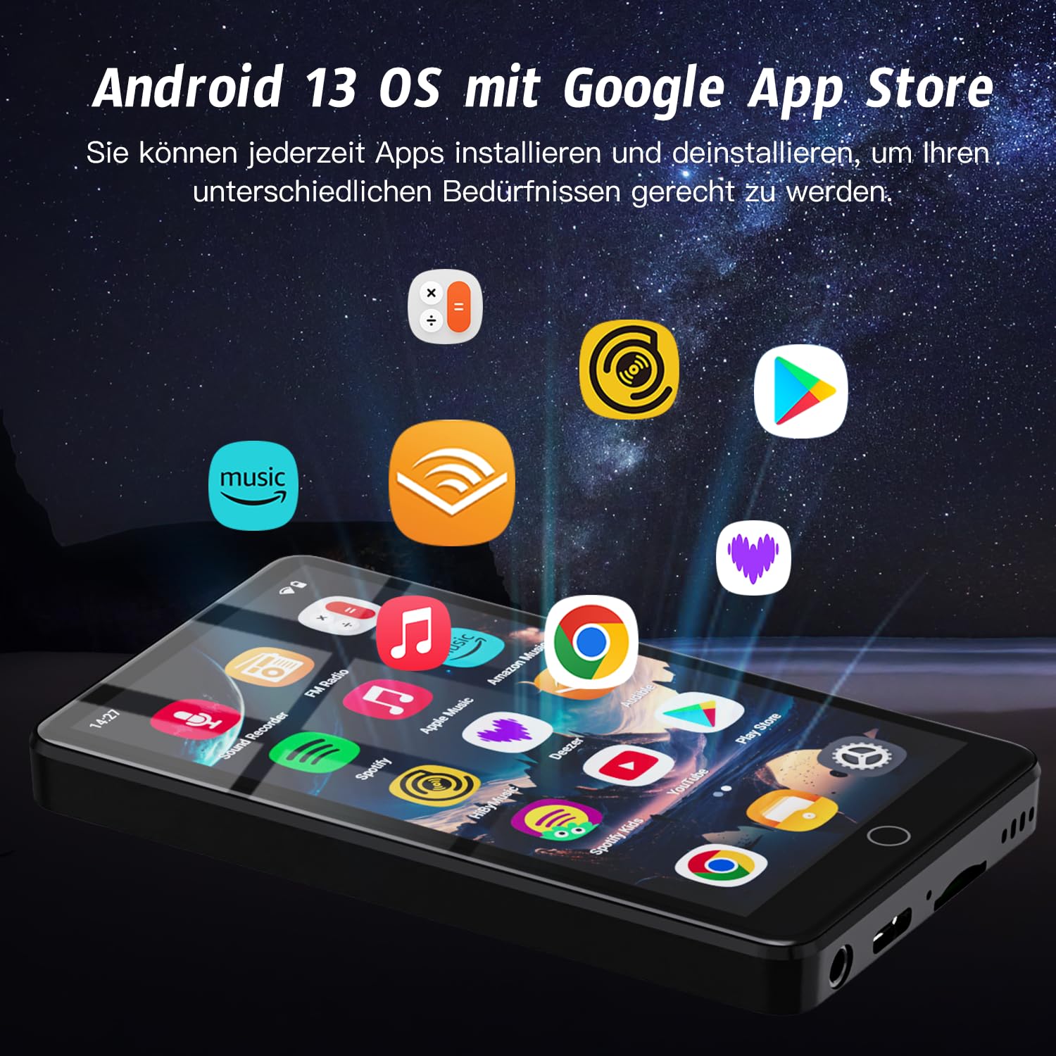 32GB MP3 Player mit Bluetooth und WiFi, 4.02“ IPS HD MP4 Player mit Lautsprechern, Musik Player für Kinder mit Android 13 OS, Android MP4 Player mit Spotify, Play Store