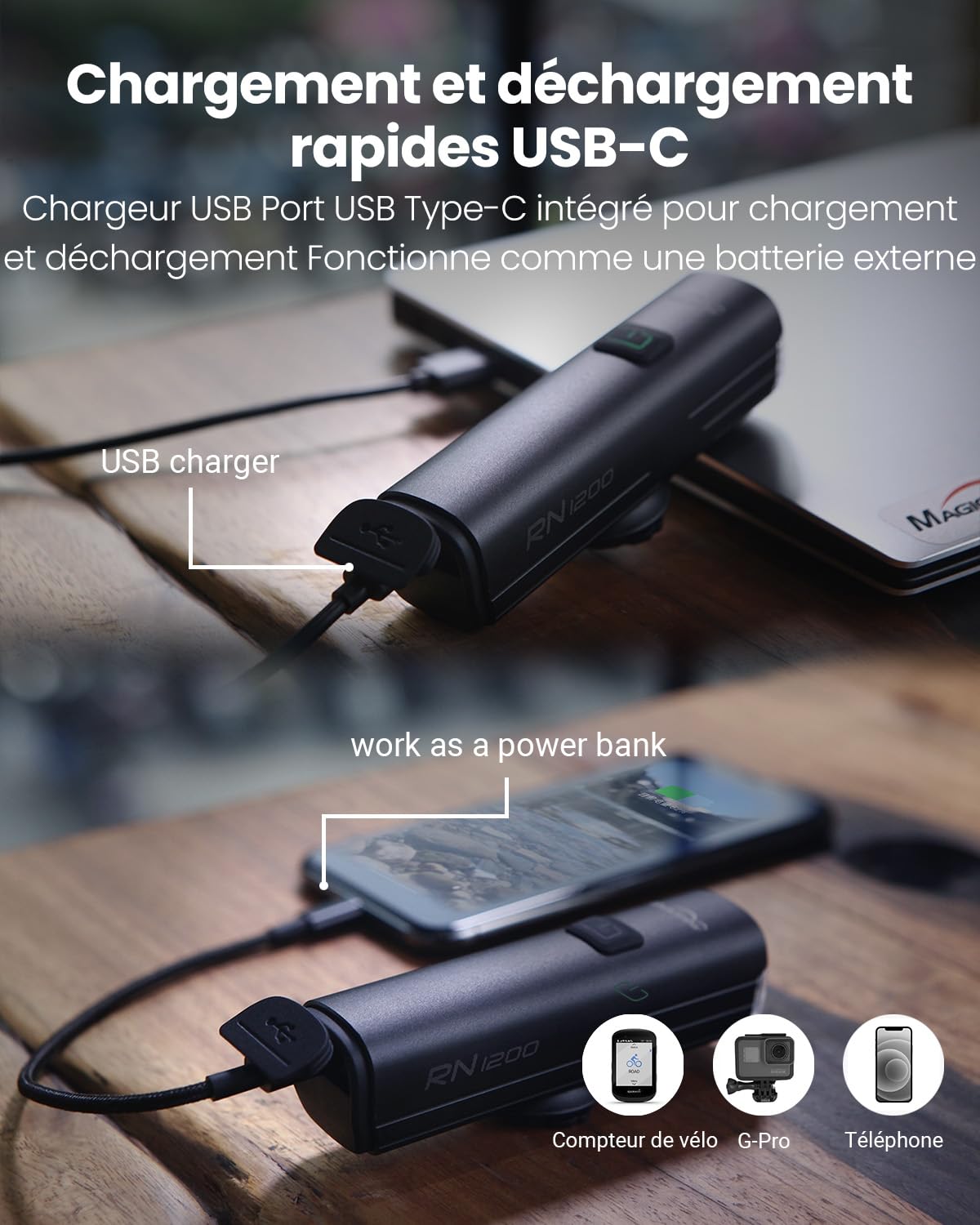 Magicshine RN 1200 - Phare avant de vélo - 1200 lumens - Puissant LED de type C - Rechargeable - Étanchéité IPX 7 - 7 modes d'éclairage - Compatible avec tous les vélos