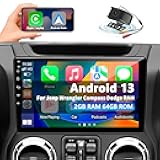 Car Radio Stereo for Jeep Wrangler JK 2007-2018 Dodge Ram 1500 2500 3500 Grand Cherokee, Android 13 2G+64G with CarPlay Android Auto 10 inch Touchscreen Head Unit, GPS BT WiFi AM/FM, Rear View Camera
