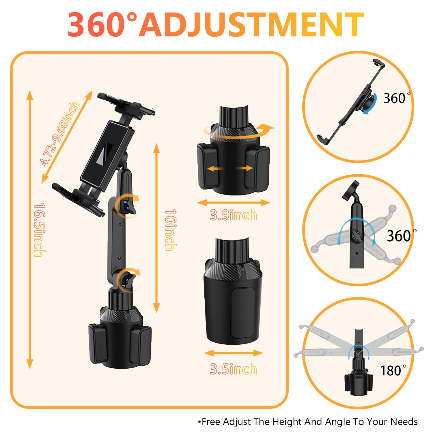 WUITIN Getränkehalter fürs Auto, Tablet-Halterung für Auto, 360° verstellbar, 38,1 cm lang, 2-Arm-Ständer für iPad, Samsung Galaxy Tab/Z Fold 4/3, iPhone 15/14/Pro, 11,9–32,8 cm Tab und Handy