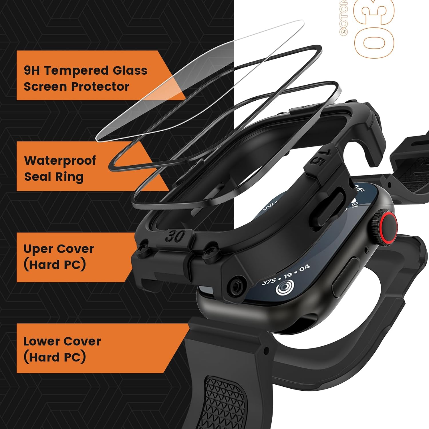 Goton 3 in 1 Waterproof Case and Band with Tempered Glass Screen Protector for Apple Watch Series 9 8 7 6 5 4 SE Ultra 44mm 40mm 45mm 41mm 49mm, Bumper Cover for iWatch Accessories, 45mm