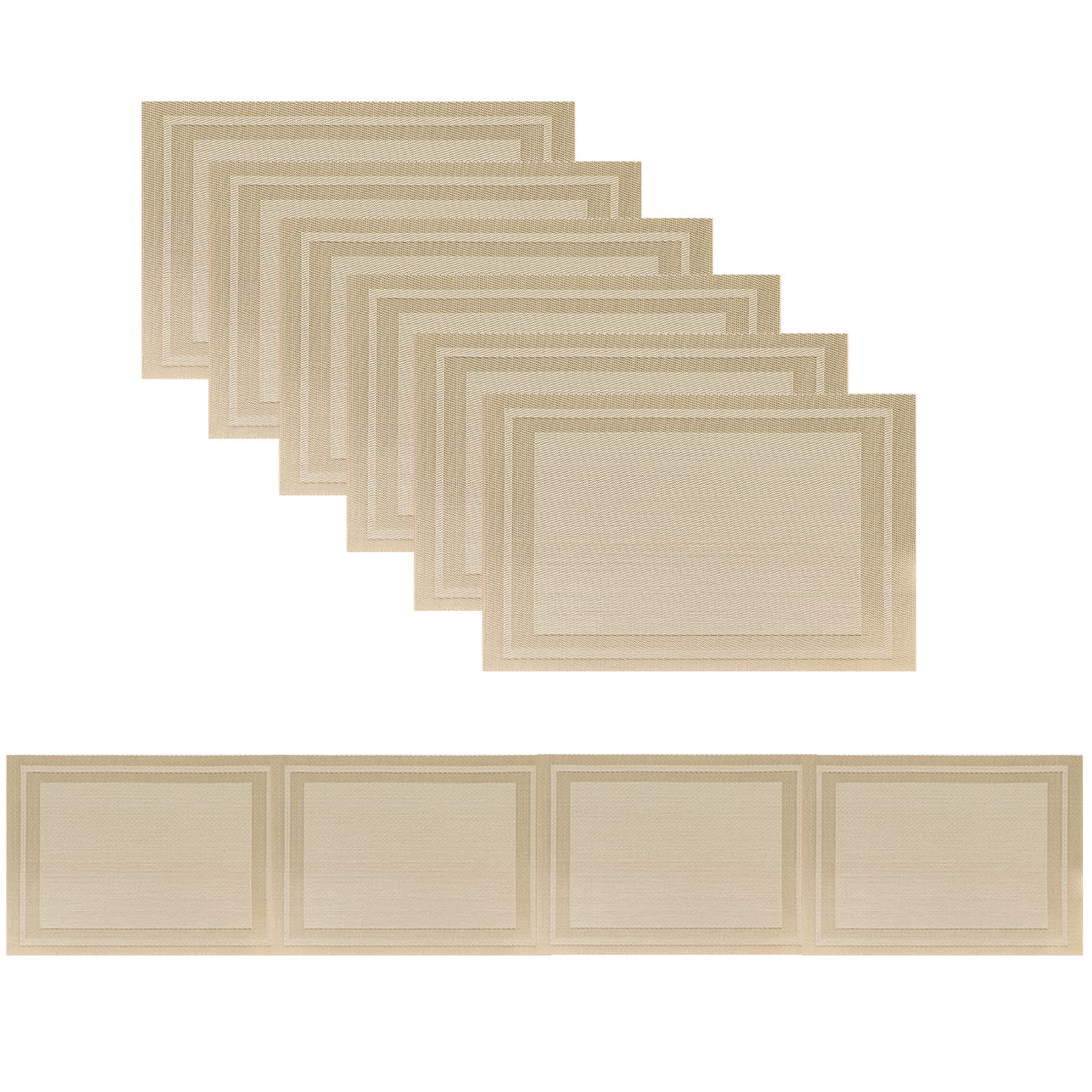 Xmkuwa Placemats, Washable PVC Table Mats, Woven Vinyl Placemat for Dining Table Place Mats Set (6 Placemats and 1 Table Runner, Beige-Frames)
