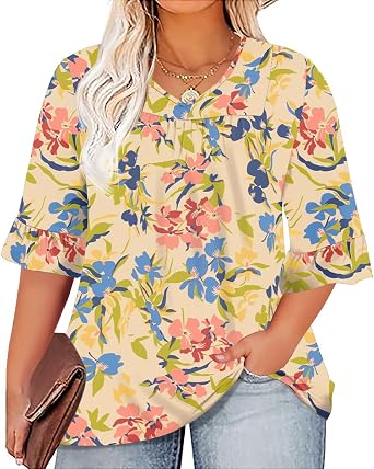 Micoson Womens Plus Size V Neck 3/4 Sleeve Ruffle Tunic Top, 1X-5X