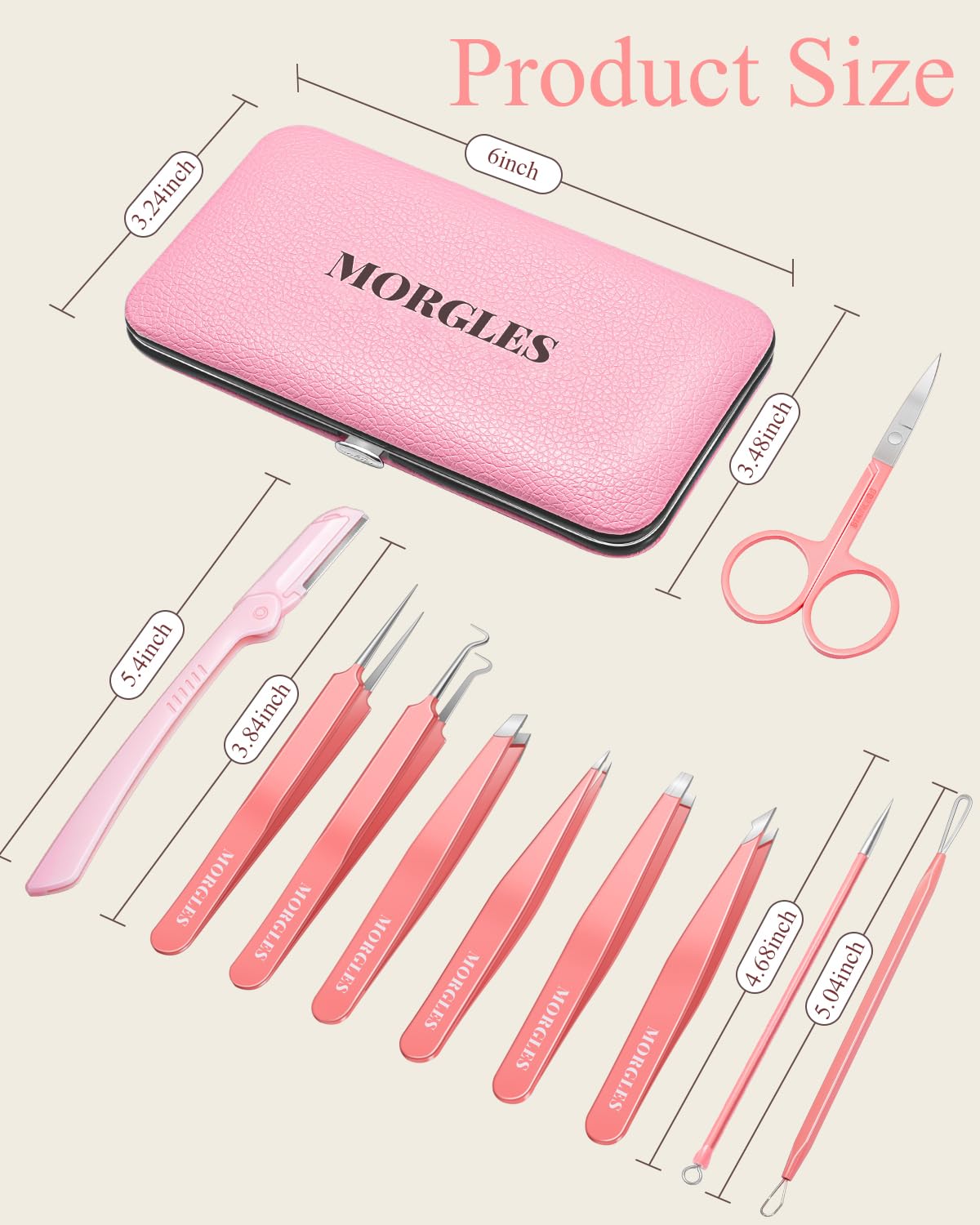 MORGLES Juego de pinzas para cejas con herramientas para eliminar puntos negros con estuche de viaje de cuero