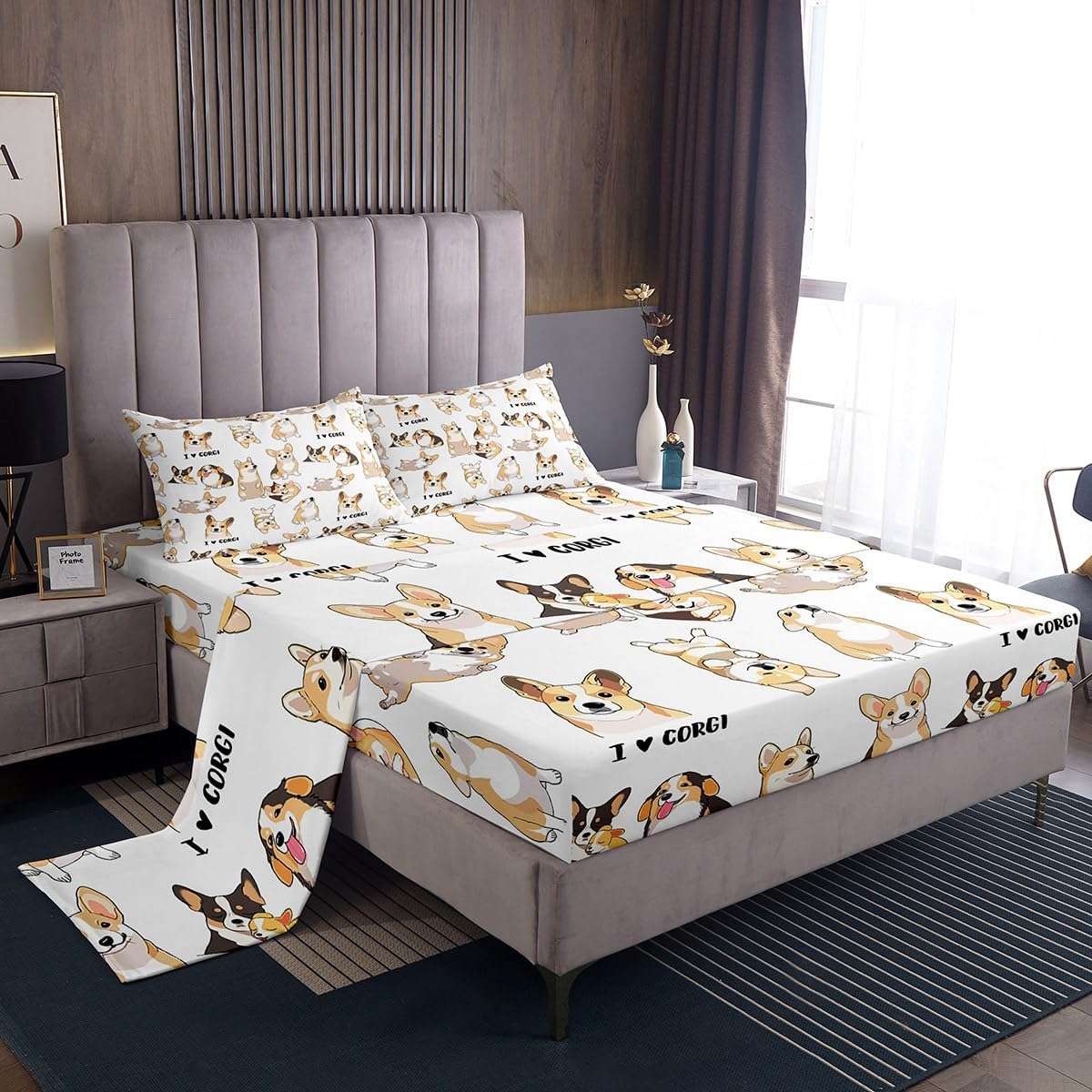 Manfei Cute Corgis Kids Sheet Queen Size,Lovely Dogs Pets Cartoon Bedding Set,Girls Boys Adults Bedroom Decor,Toddlers Kawaii Animals White Yellow Bed Sheet Set 4pcs(Fitted + Flat + 2 Pillowcases)