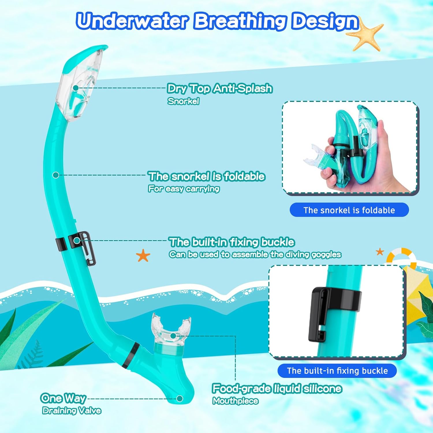 Snorkeling Gear for Kids with Foldable Silicone Full Dry Snorkel, Kids Snorkel Set Anti Leak Youth Junior Snorkeling Package Diving Mask Soft Tube with Mesh Bag Scuba Swimming Goggles - Image 3