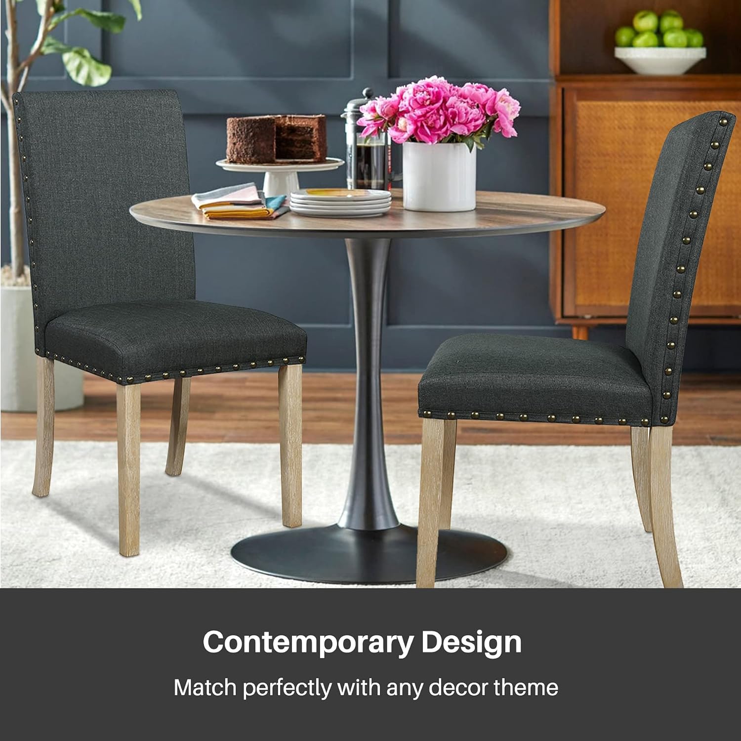 Nathaniel Home Upholstered Dining Chair, Solid Wood Legs, Padded seat, Nailhead Trims, Linen Fabric, Ideal for Dining Room, Kitchen, Living Room, Restaurant, Cafe, Set of 2, Black - Chairs