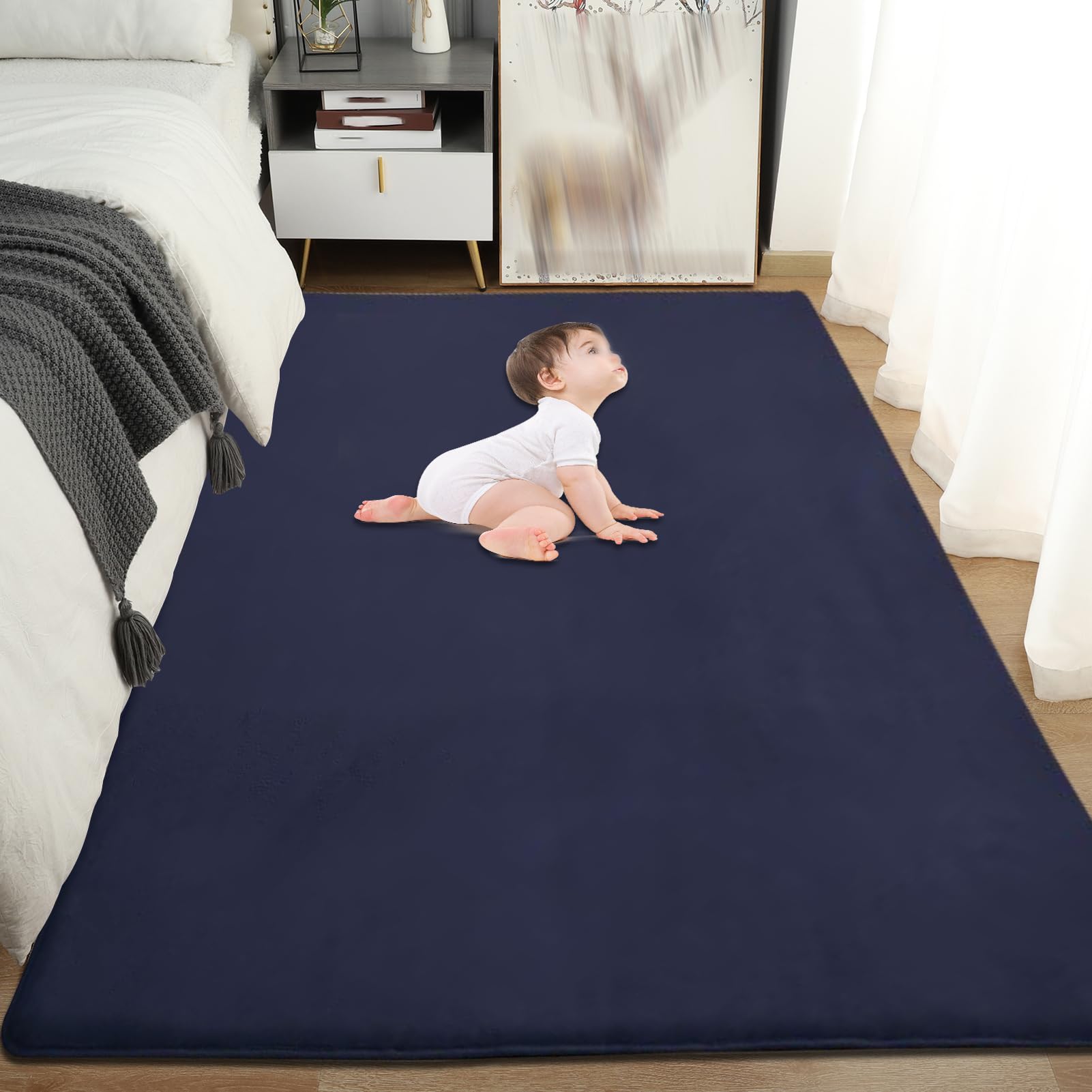 Tapis d'éveil et de Jeux Bebe Epais de 2cm Antidérapante pour Le Tapis pour Chambre d'enfant en Velours Corail Tatami Tapis Chambre Bebe, Tapis Rampant pour Tapis Pliable 150 x 220 cm Bleu Foncé