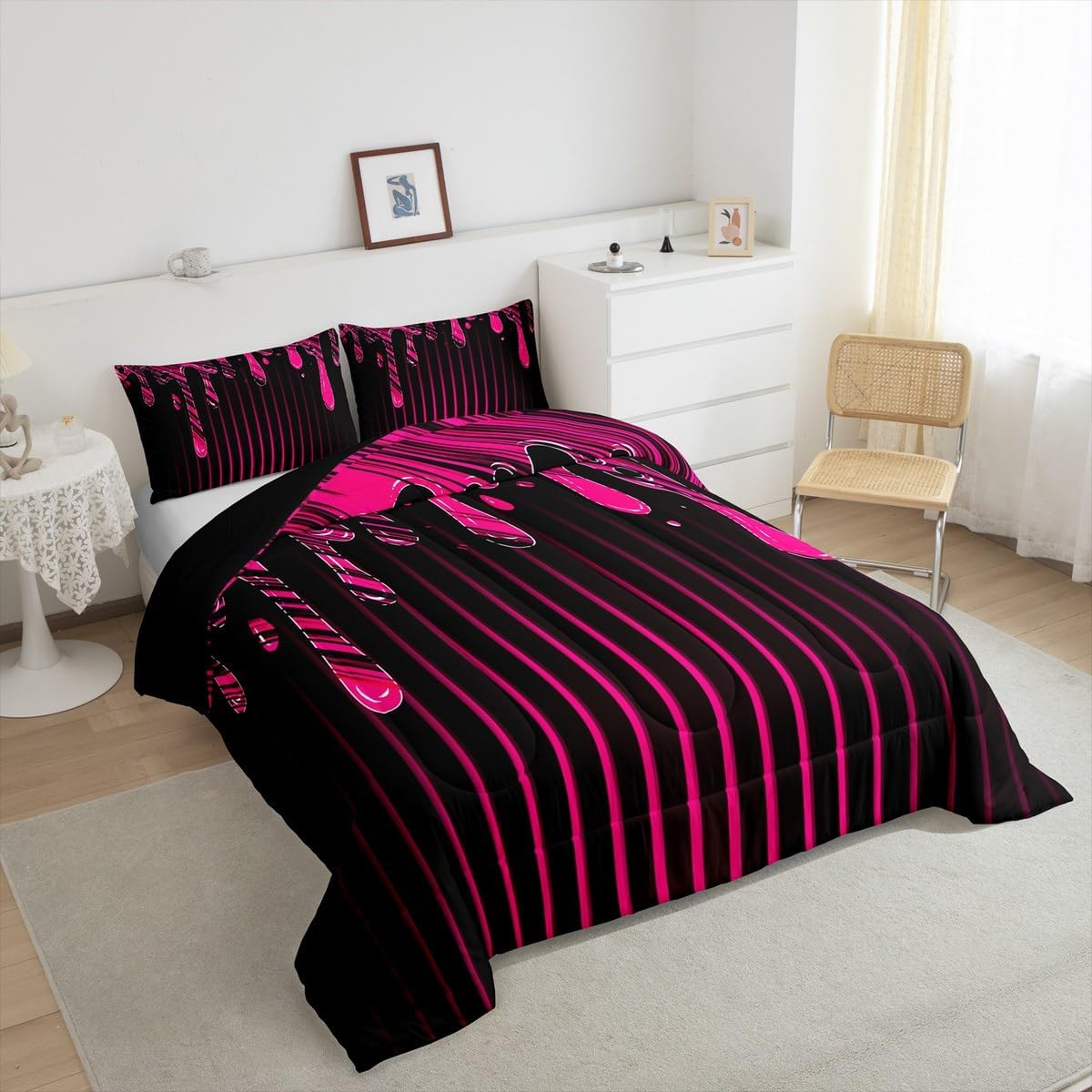 Feelyou Ombre Hot Pink Black Bedding Set Twin Size Geometric Stripes Reversible Comforter Set for Abstract Art Comforter Ultra Soft Decor Modern Droplet Type Duvet Set